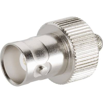 A metal BNC adaptor with a knurled grip for connecting cables in audio and video technology.