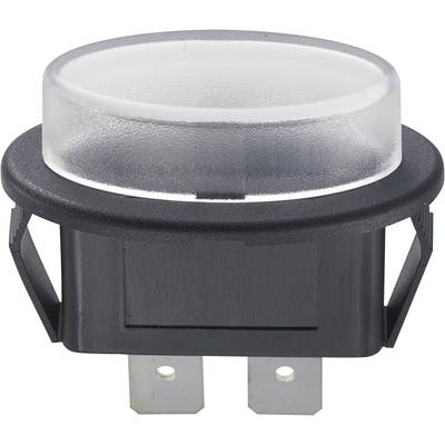 A round, illuminated push button switch with a transparent housing and two metal terminals, suitable for electrical circuits.