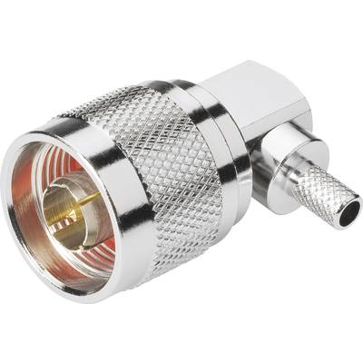 Metallic coaxial plug in angled design with a knurled housing and a gold contact for RF applications.
