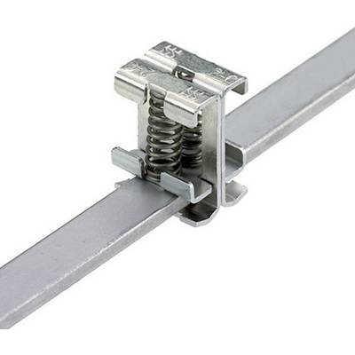 Metal clip with spring mechanism, attached to a flat metal strip. Used for securing or connecting metal parts.