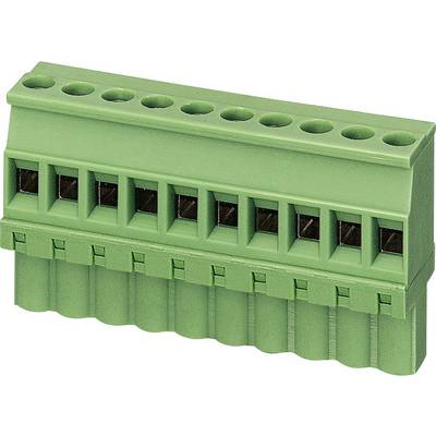 Green, rectangular electrical connector with multiple terminal blocks in a row, suitable for conductor wiring.