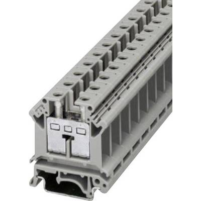 Grey, rectangular electrical terminal block with multiple inputs and screw connectors, used for cable connection.