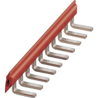 A red bus bar connector for electronic switchboards with multiple metal contacts.