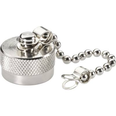 Metal plug with chain, commonly used for bath plugs. Silver-coloured with a ribbed surface for better grip.