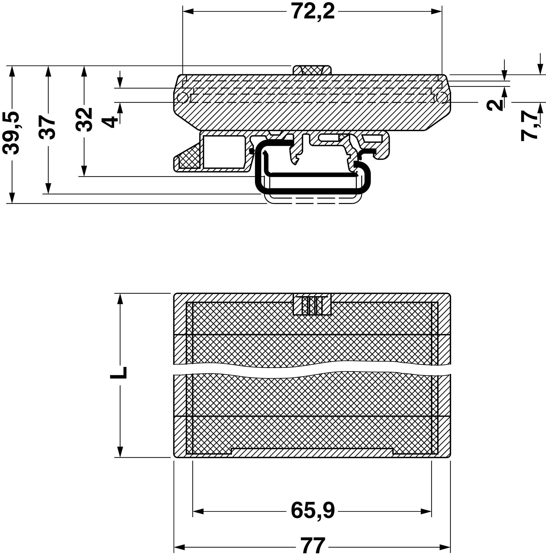 Technical drawing of a mechanical component with dimensions in millimetres. A cross-section is shown with length and height specifications.