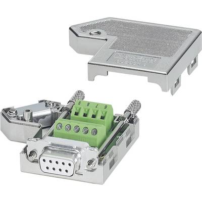 A D-sub plug with an exposed green connection block and removed metallic cover, revealing the internal connections.
