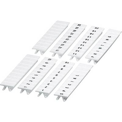 White cable markers with printed numbers and letters for identifying cables. The markers are arranged in multiple rows.