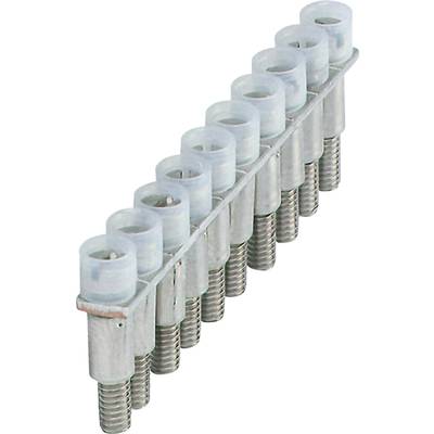 A row of ten silver screw connectors with transparent caps, arranged in an even line.