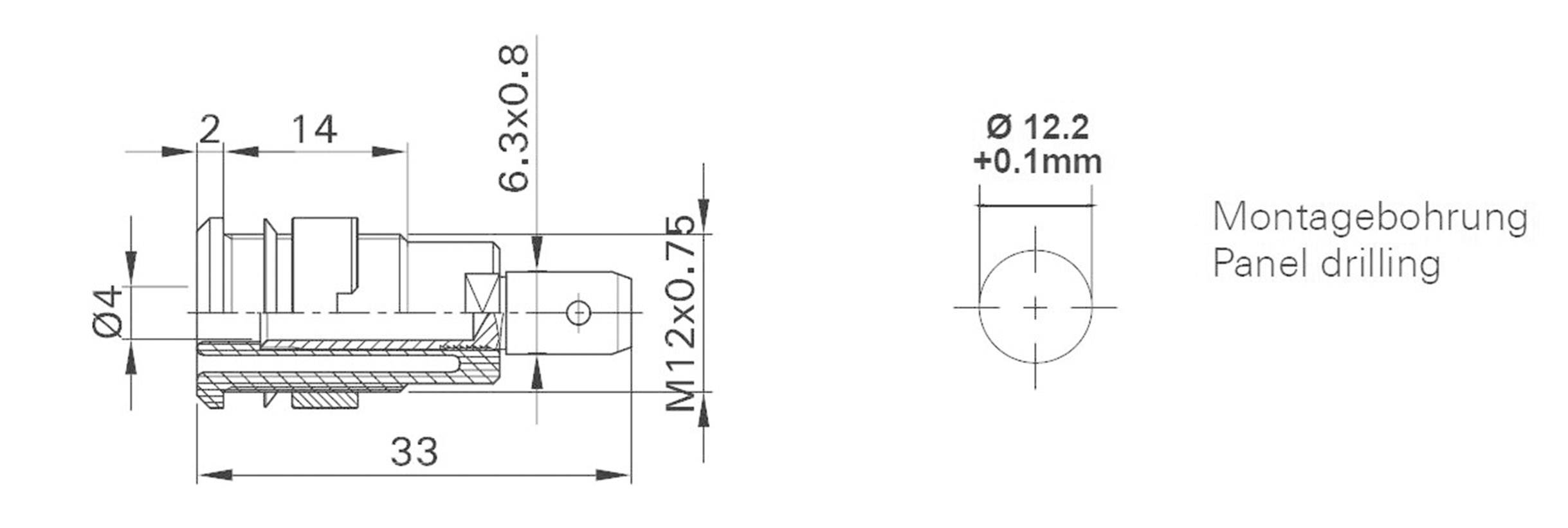 Technical drawing of a connector with detailed dimensions. Left: Front view with dimensional specifications. Right: Hole diameter 12.2 mm.