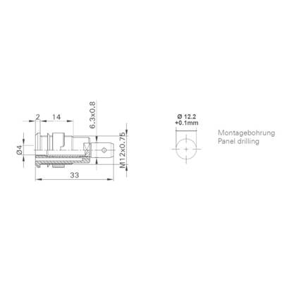 Technical drawing of a connector with detailed dimensions. Left: Front view with dimensional specifications. Right: Hole diameter 12.2 mm.