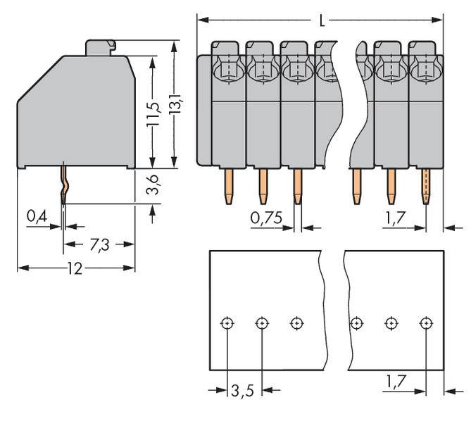 Technical drawing of a four-pole connector with dimensions: 12mm width, 13.1mm height, 7.3mm between pins. Screw terminals at the top.