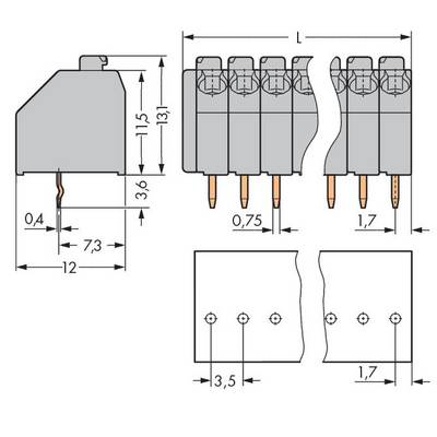 Technical drawing of a four-pole connector with dimensions: 12mm width, 13.1mm height, 7.3mm between pins. Screw terminals at the top.