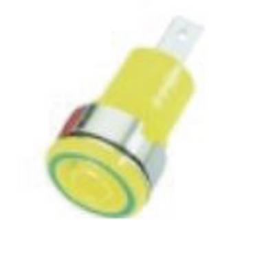 A round, yellow push button with a green border on a white background.