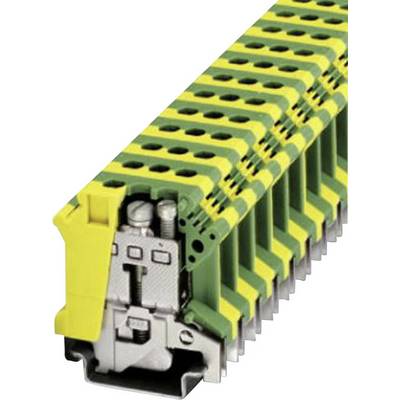 Terminal blocks in yellow-green design, stackable and used for electrical wiring. Electronic or control cabinet component.