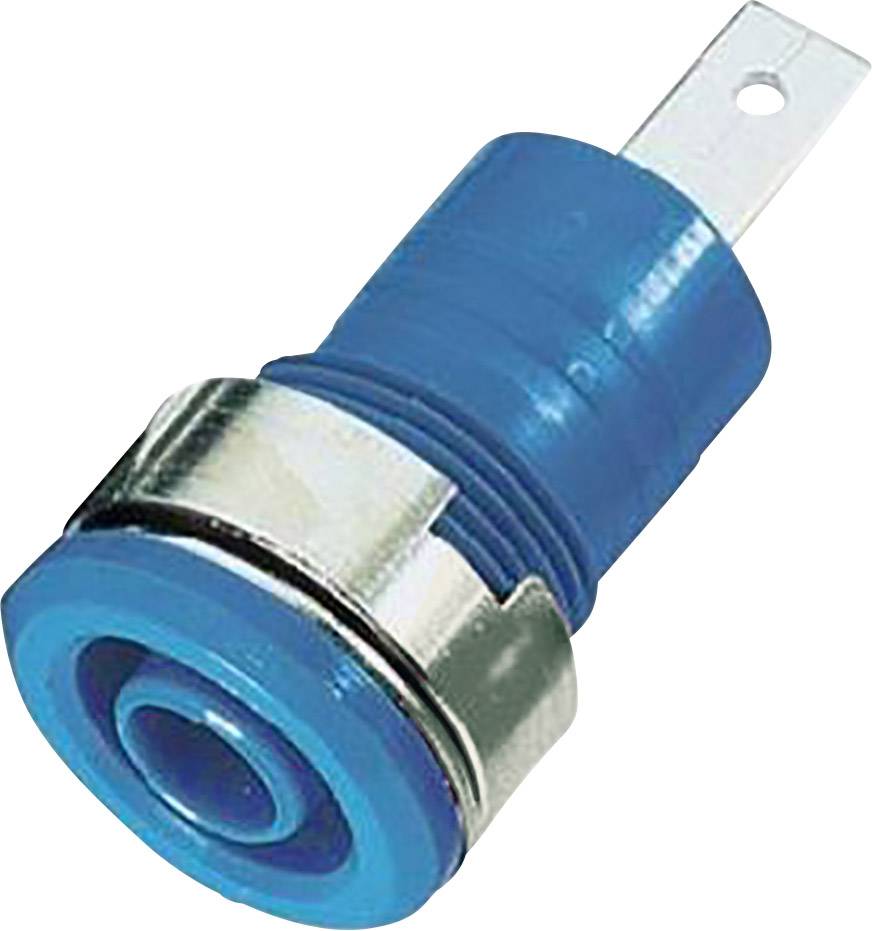 A blue push button with a metal enclosure and two terminal connections, commonly used for electronic devices.