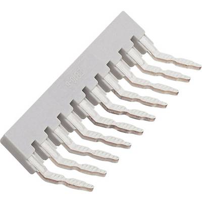 A white, rectangular electronic connector with multiple curved metal pins protruding from one side.