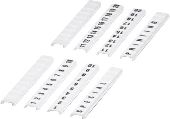 White plastic rails with black, printed numbers and letters in serial number and PRIMING format, arranged side by side.
