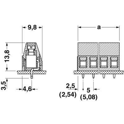Dimensional drawing of a connector with measurements: height 13.8 mm, width 9.8 mm, depth 4.6 mm and pin spacing 2.54 mm.