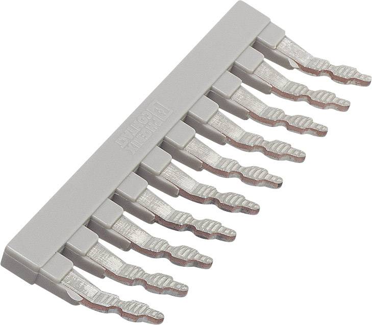 A grey terminal module with several curved terminals, used in electrical installations to connect multiple wires.