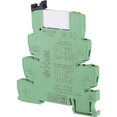 Green electronic relay module from the side profile with various electrical connections and technical markings.