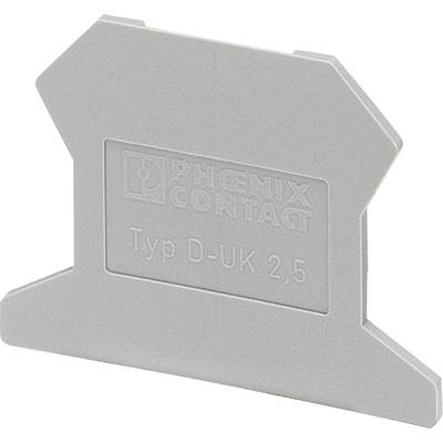 Grey end section from Phoenix Contact, type D-UK 2.5, for terminating terminal blocks in electrical control cabinets.