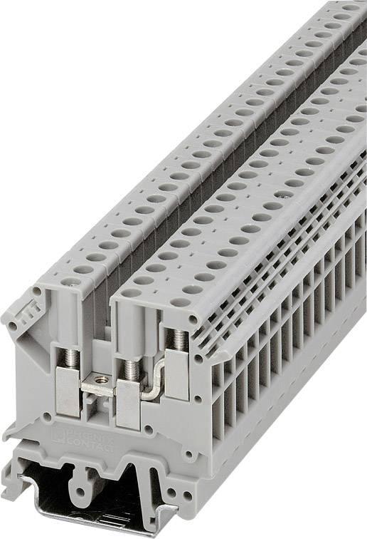 Grey terminal block with multiple connection points, used in electrical cabinets for wiring safety and organisation.