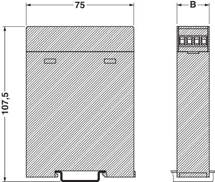 Technical drawing of a rectangular component with a height of 107.5 and width of 75, side view shows width 'B'.