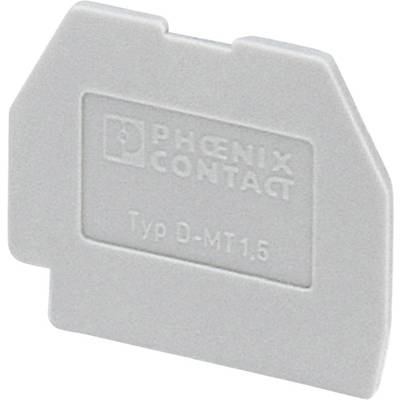 Grey end cover from Phoenix Contact with the inscription 'Type D-MT 1.5', for closing terminal blocks.