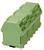 Electronic green multi-channel relay module for DIN rail mounting, used in electrical control systems.