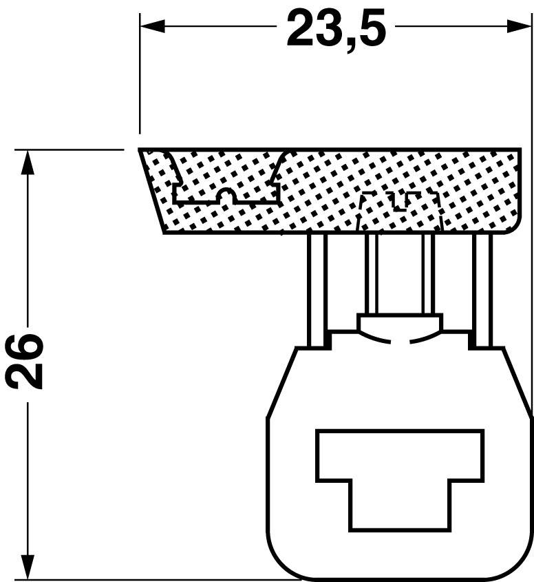 Technical drawing of a socket housing. Upper edge shows a width of 23.5 mm, total height is 26 mm.