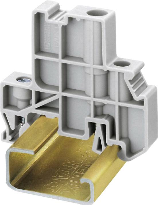 A grey plastic cable trunking clip sits on a gold-coloured metal rail. It has screw connections for mounting.