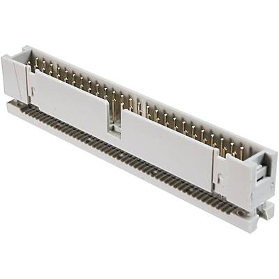 A grey, rectangular plug with golden pins is used for connecting electronic components in a technical device.