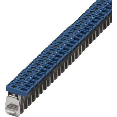 A blue terminal block with multiple connection points in a row. It has a metal contact at one end and is used for electrical connection.
