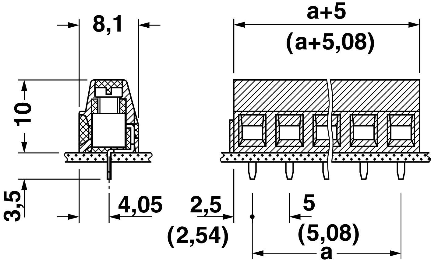 Technical drawing of a connector with dimensions: height 10 mm, width 8.1 mm, various hole and pin spacings indicated.