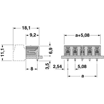 Technical drawing of a multi-pole connector with dimensions: height 11.1 mm, width 8 mm, pin spacing 2.54 mm.