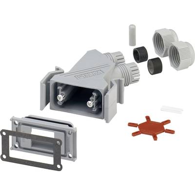 Socket Housing Set: grey rectangular housing, seals, screws and accessory parts. Suitable for electrical connections.