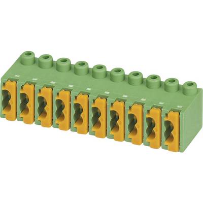 Green plug connector with ten orange terminal connections for electrical wiring.