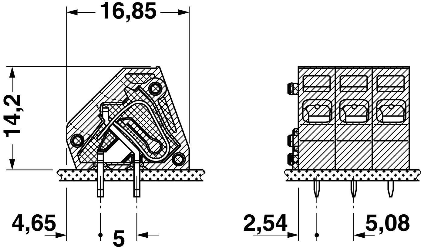 Technical drawing of a connector in cross-section, with dimensions for height and width: 14.2 x 16.85 mm, pin spacing 2.54 mm.
