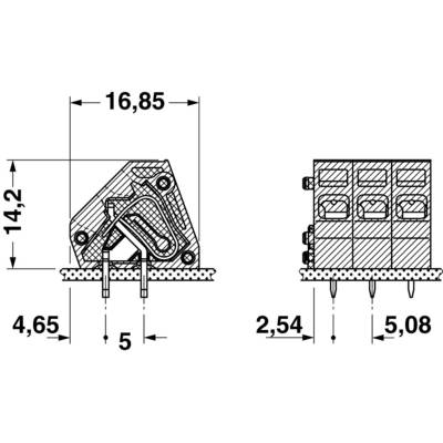 Technical drawing of a connector in cross-section, with dimensions for height and width: 14.2 x 16.85 mm, pin spacing 2.54 mm.