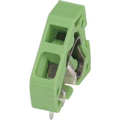 Green terminal block with metallic contacts, used in electrical circuits for connecting conductors and components.