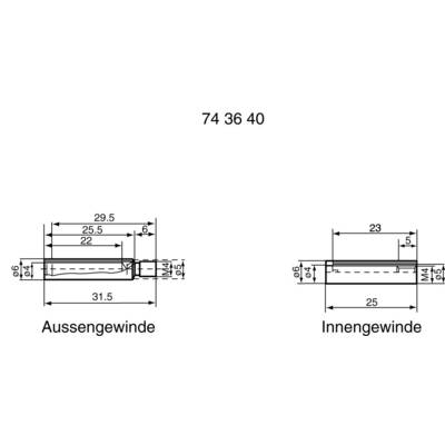 External thread and internal thread technical drawings with dimensions: 31.5 mm total width for external thread; 25 mm for internal thread.