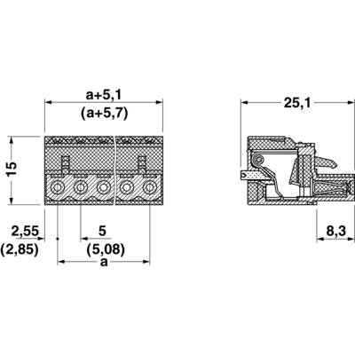 Technical drawing of a connector in side and front view with dimensions: width 5, height 15, depth 8.3 mm.