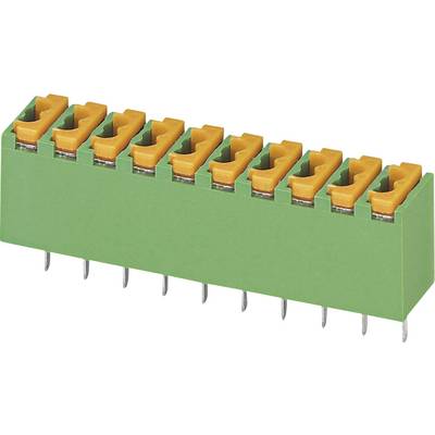 Green electrical connector with orange locking mechanisms, suitable for printed circuit boards with multiple pins.