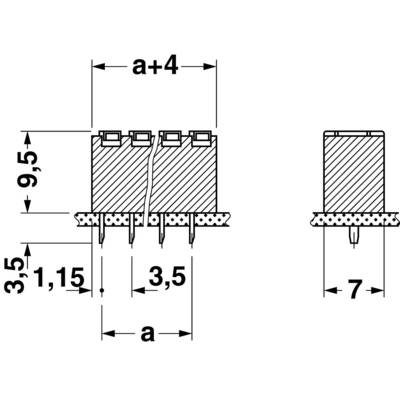 Technical drawing of a connector with dimensions: width 'a+4', height 9.5 mm, pin spacing 3.5 mm, solder pin length 7 mm.