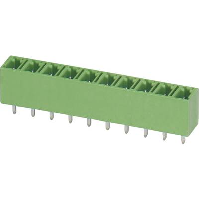 Green electrical connector with multiple metal pins, suitable for electronic applications and printed circuit board mounting.