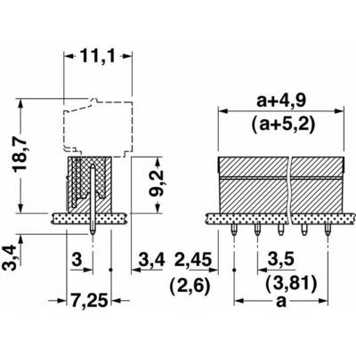 Technical drawing of a connector with dimensions in millimetres. Left view from the front, right side view with detailed measurements.