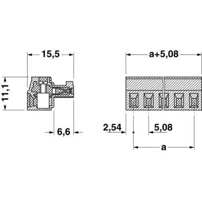 Technical drawing of a plug with dimensions: Height 11.1 mm, Width 15.5 mm, Depth 6.6 mm, Contact spacing 2.54 mm.