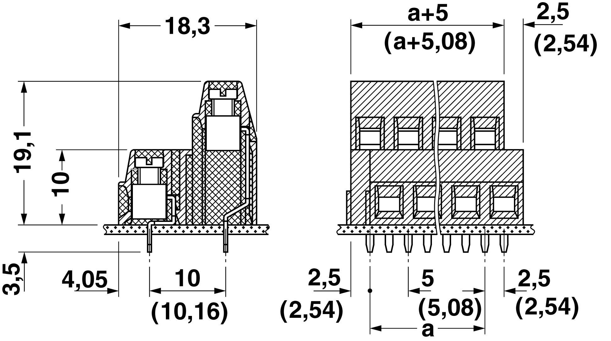 Technical drawing shows the dimensions and spacing of an electrical connector with measurements in millimetres.