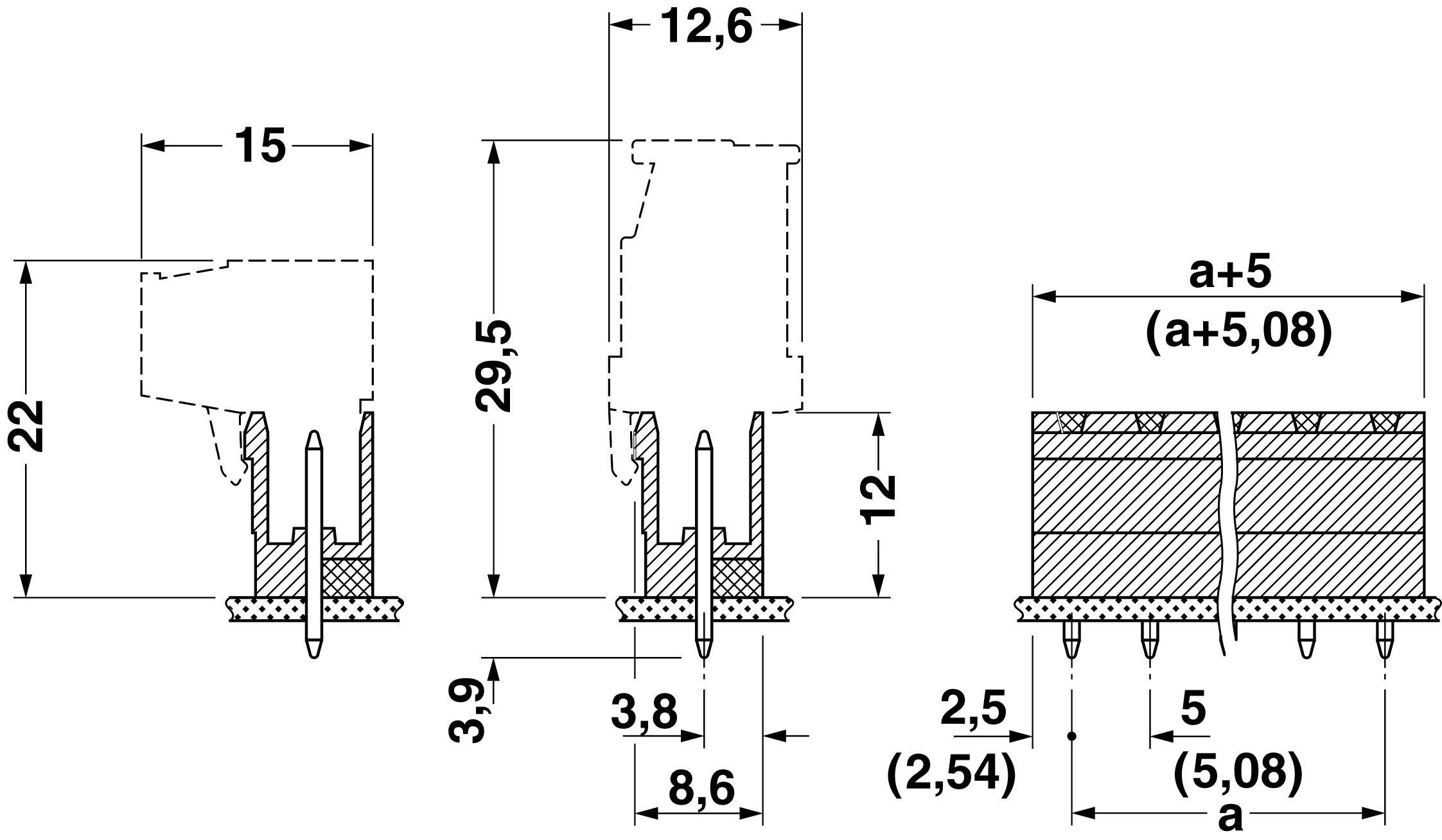 Technical drawing of a connector with dimensions: Height 29.5 mm, Width 12.6 mm, Pin spacing 2.54 mm, Pin length 3.9 mm.
