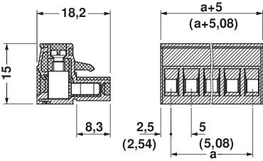 Technical drawing of a connector with dimensions: height 15 mm, width 18.2 mm, side detailed cross-sectional views and dimensional annotations.